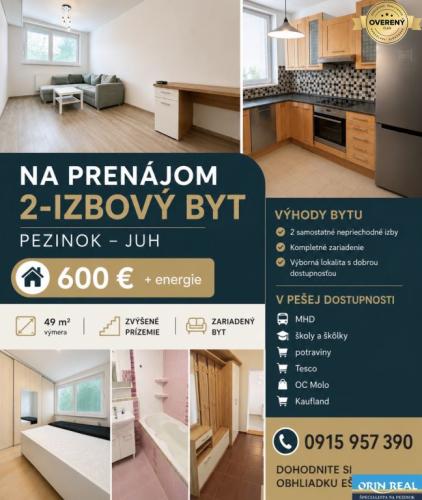 Reality Na prenájom zariadený 2izbový byt Pezinok Juh