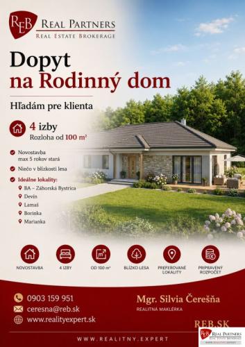 Reality REB.SK - Hladáme  4 iz. RD pre konkrétneho klienta